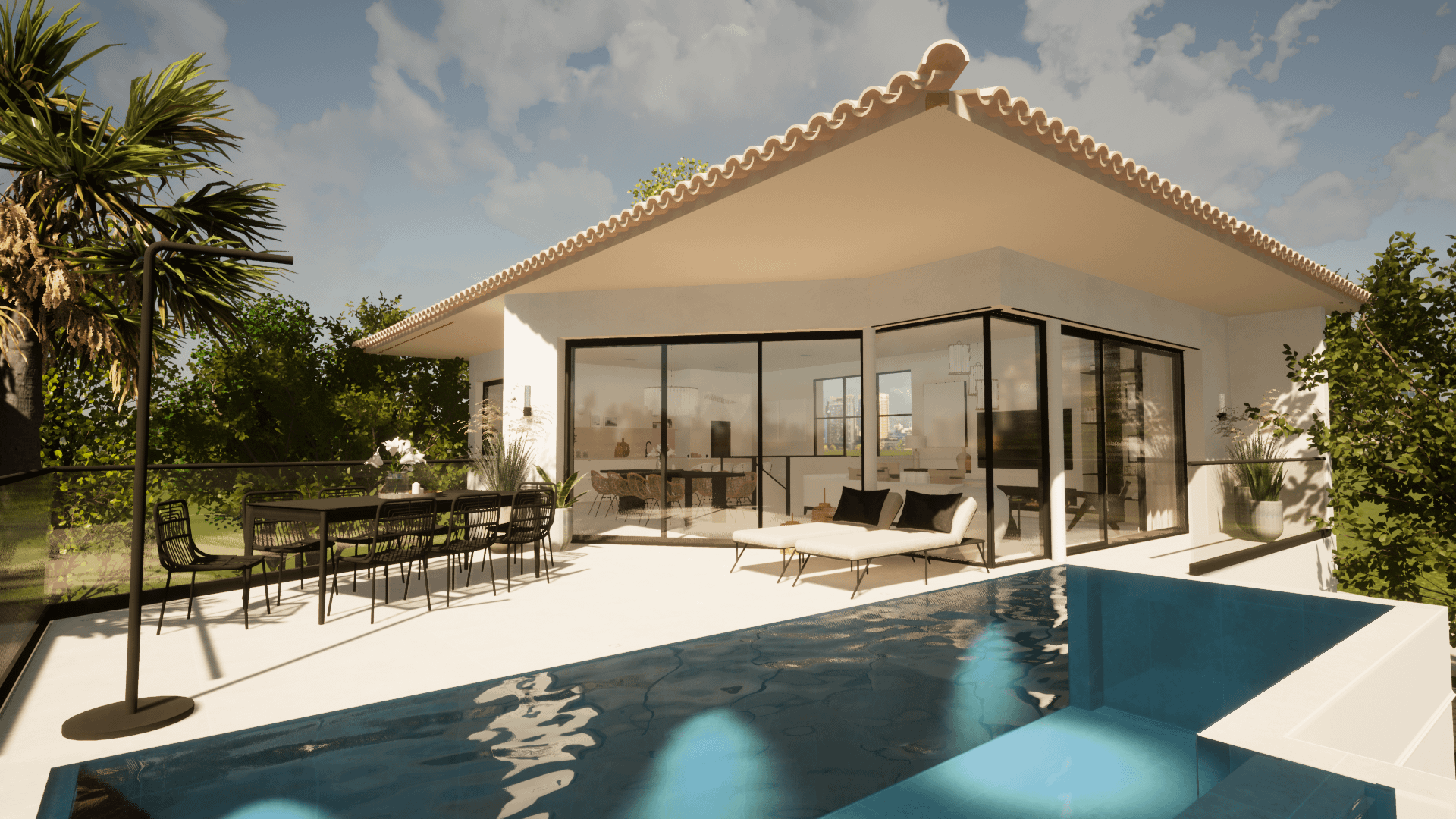 Belle maison d'architecte avec sa terrasse aménagée donnant sur une grande piscine à débordement.